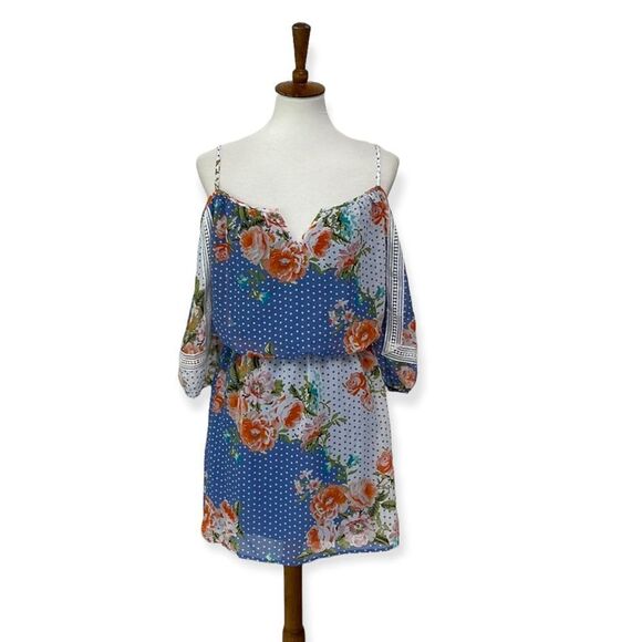 NWT blue multi print floral off shoulder dress small - Picture 1 of 12